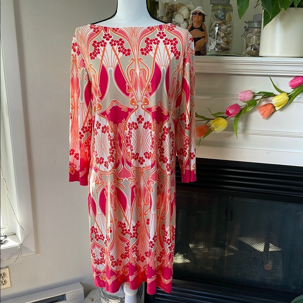 Bright Pink Floral Pattern Long Sleeve Women's Dress